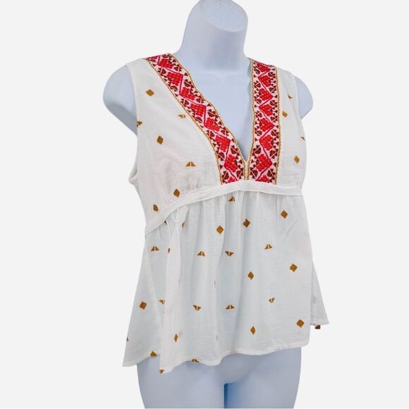 Lucky Brand Romantic Aztec Design Embroidered Babydoll Sleeveless Cotton Top - Picture 3 of 12